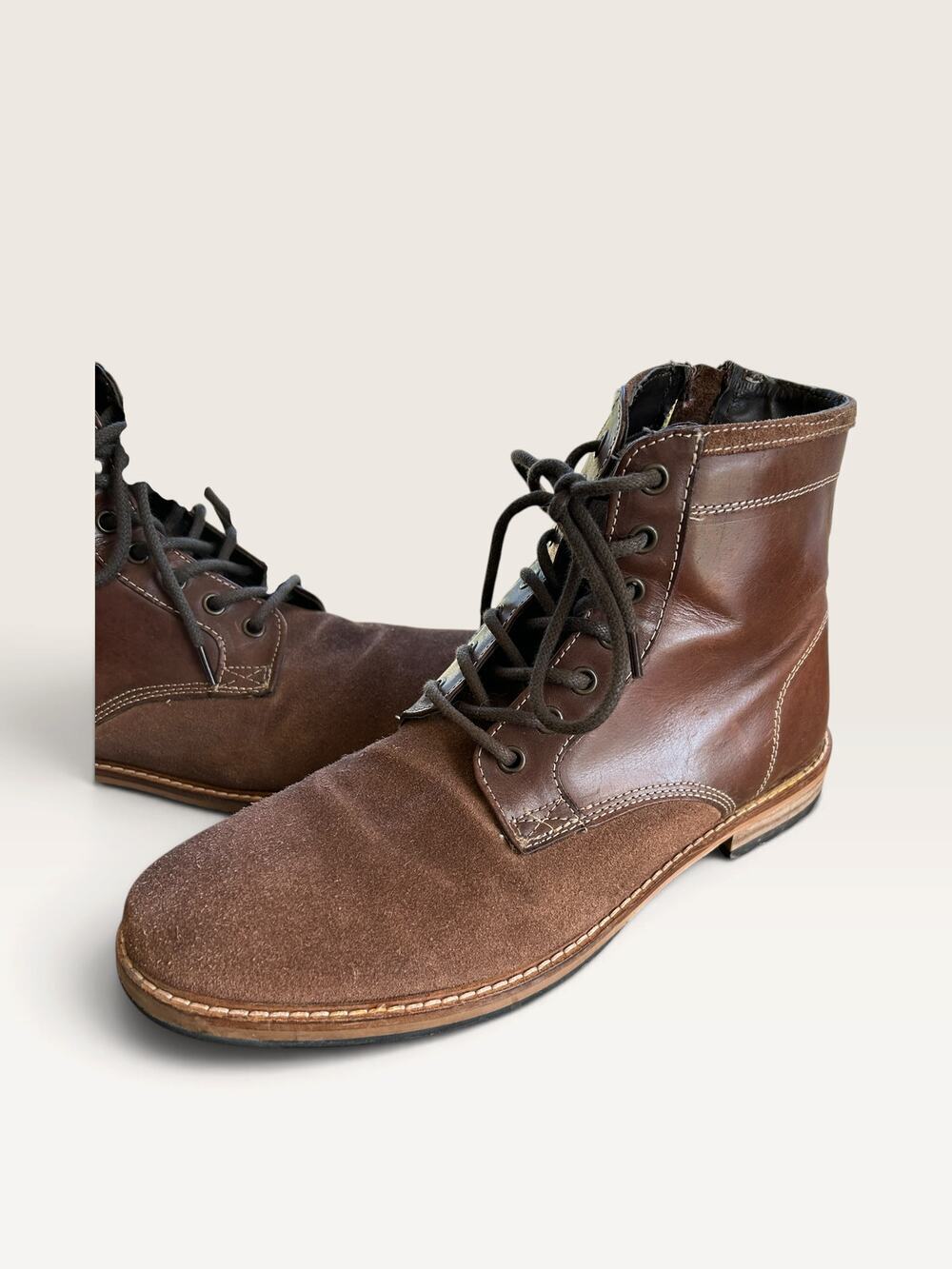 Men's Brown Leather Suede Cap-Toe Lace-Up Boots Size 9.5 Side Zip